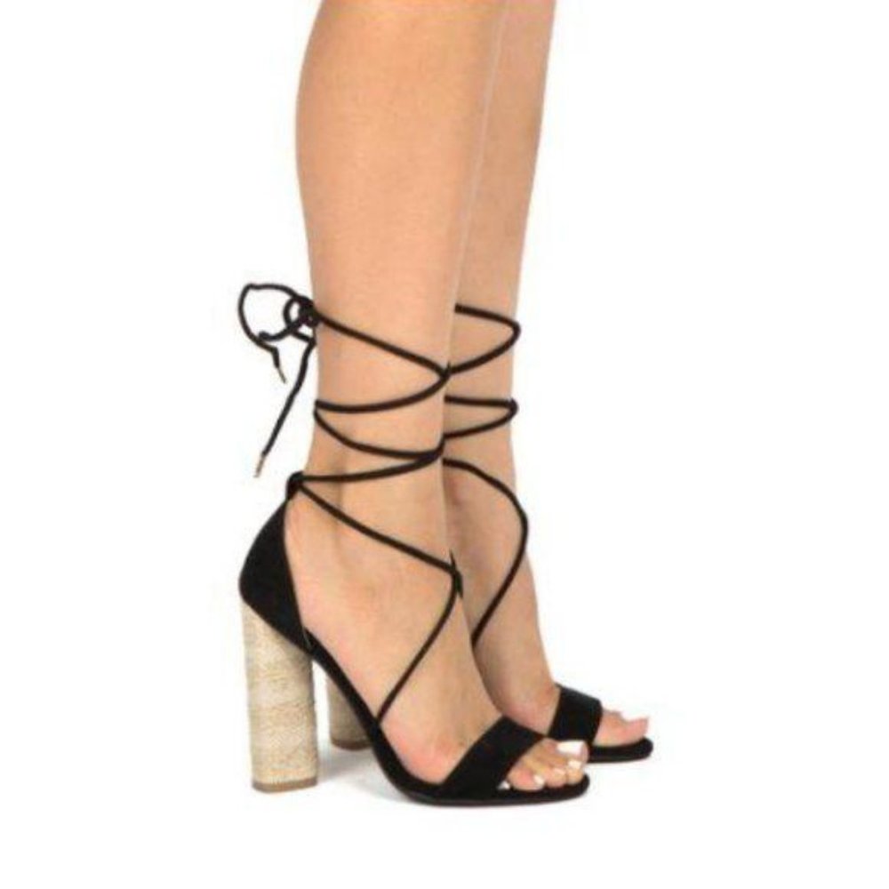 Black Suede & Canvas Lace Up Heels - Picture 3 of 4